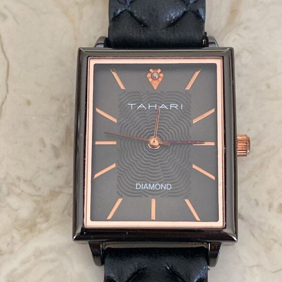 NEW Tahari Diamond Tank Style Quartz Watch Black & Rose Gold Faux Leather Strap - Picture 6 of 13